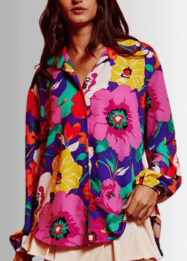 Colorful Floral Button Down Blouse Made in USA
