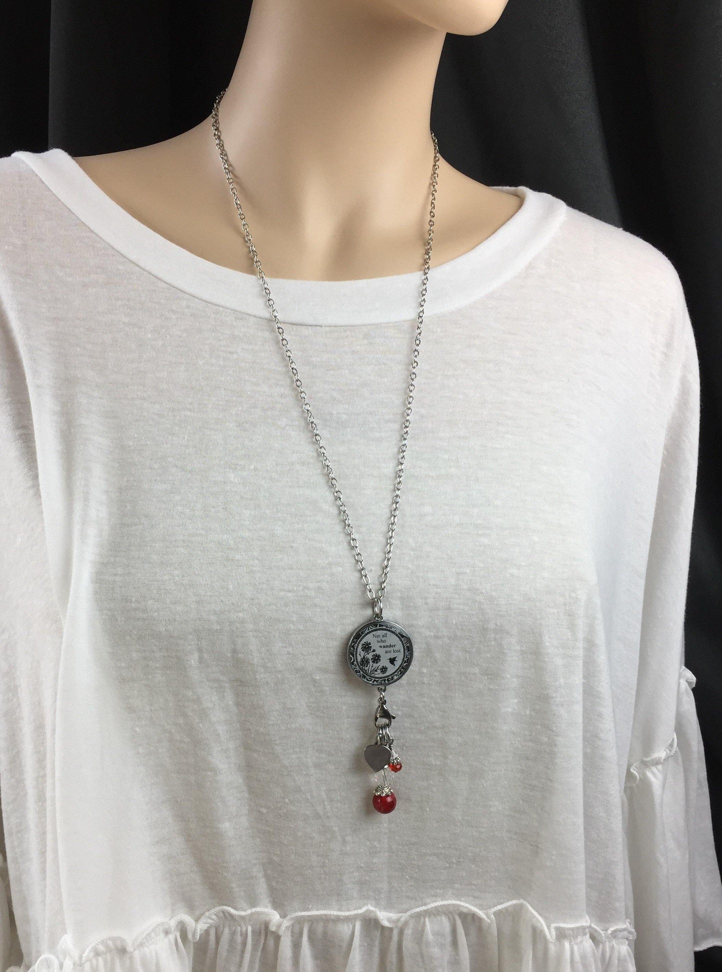 Red Crystal Reversible Dangle Compass Inspirational Necklace Made in USA