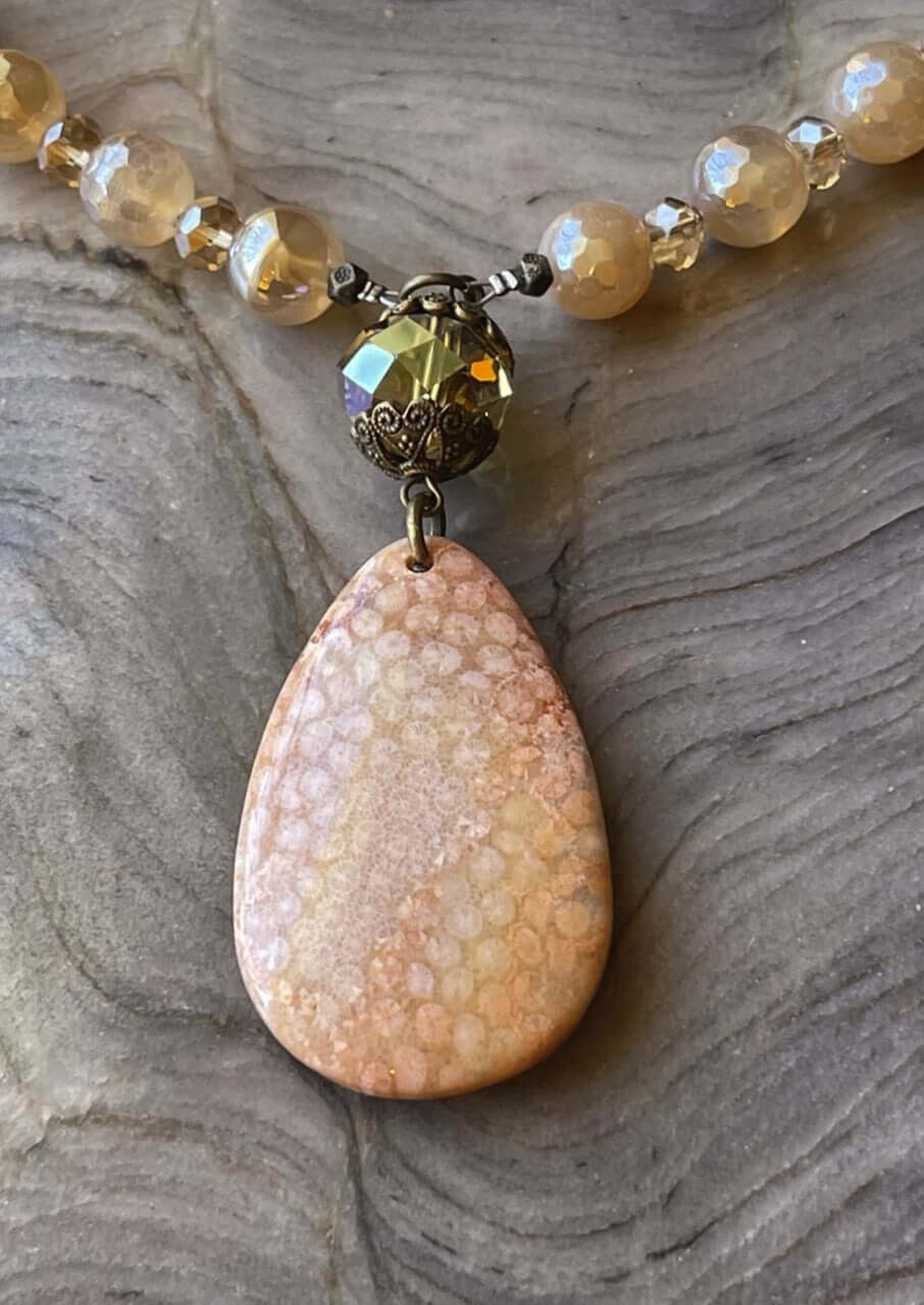 Fossil Imprinted Natural Coral Stone Statement Necklace Made in USA