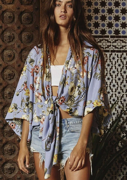 Blue Floral Bohemian Inspired Tie Front Kimono Made in USA