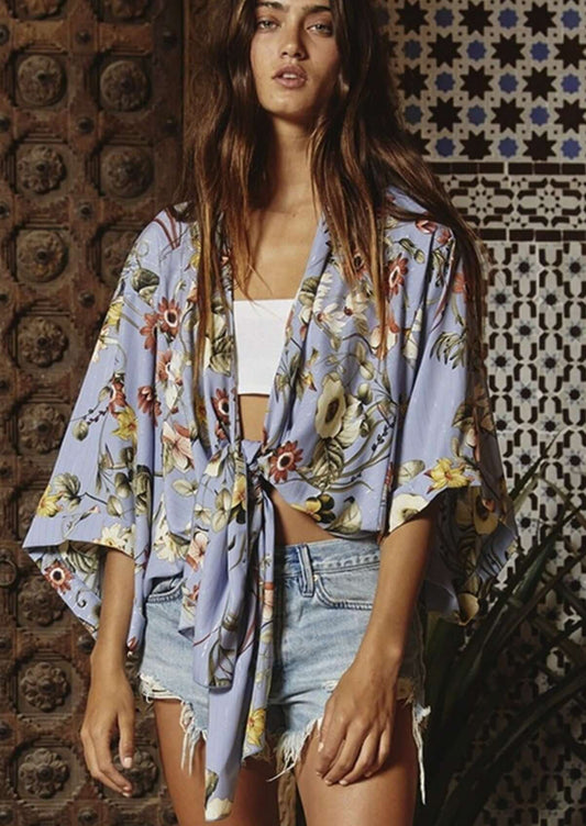 Blue Floral Bohemian Inspired Tie Front Kimono Made in USA