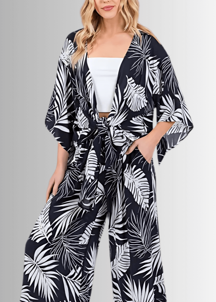 Navy Tropical Palm Wide Leg Pants
