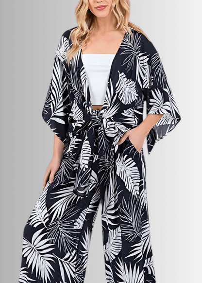 Navy Tropical Palm Wide Leg Pants
