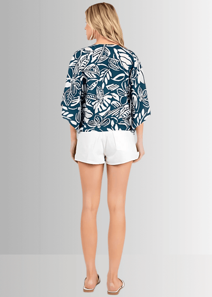 Tropical Teal Tie Front Kimono Cardigan