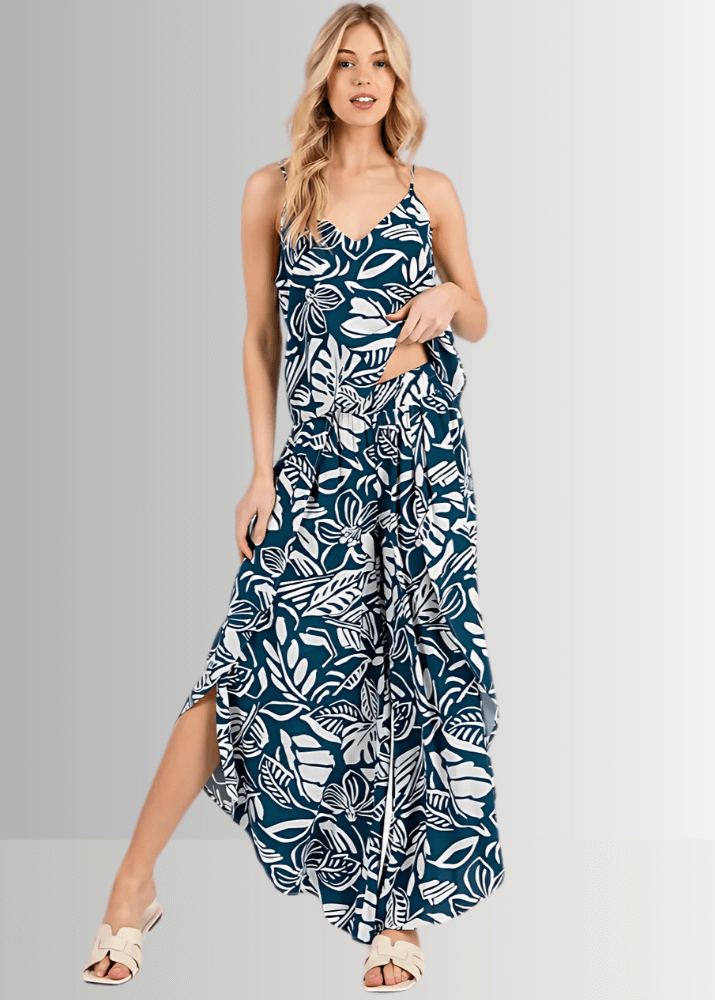 Tropical Teal Split Front Flowy Pants