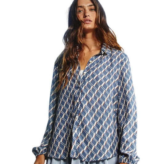 Business as Usual French Blue Retro Design Blouse CLEARANCE FINAL SALE