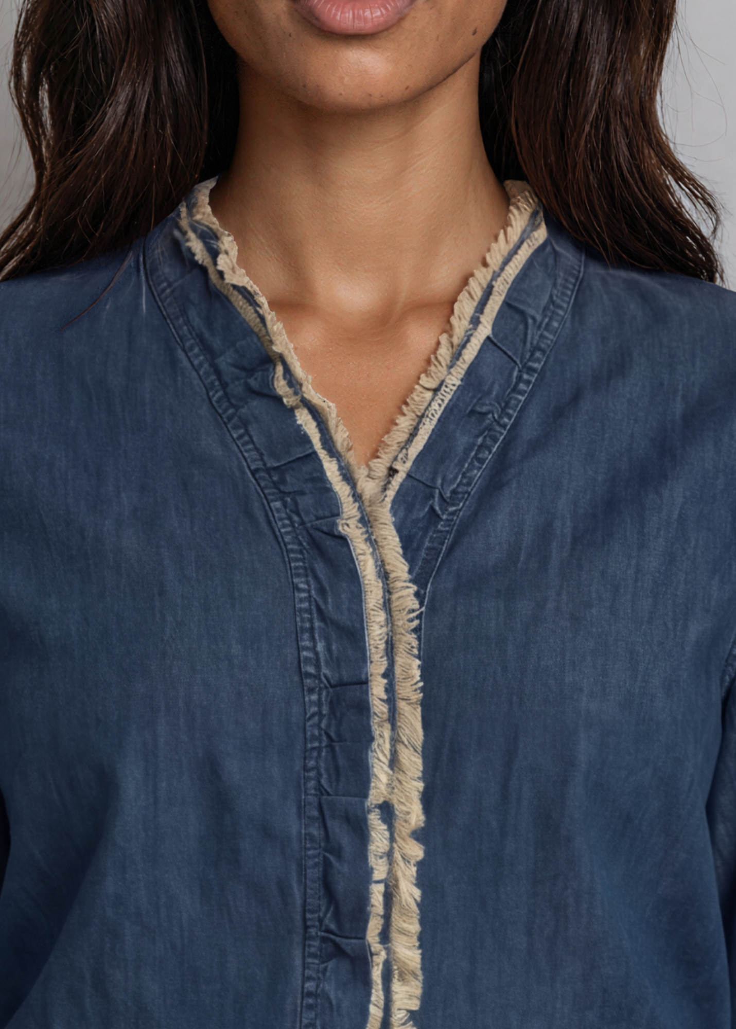 Cutting Edge Button Down Lace Detail Denim Top