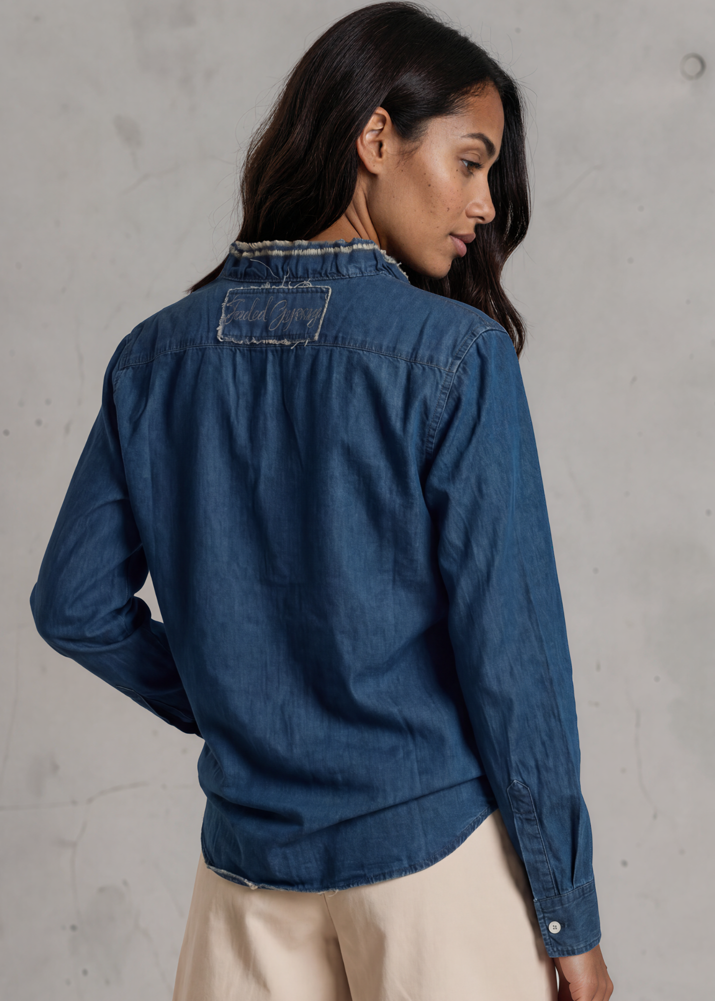 Cutting Edge Button Down Lace Detail Denim Top