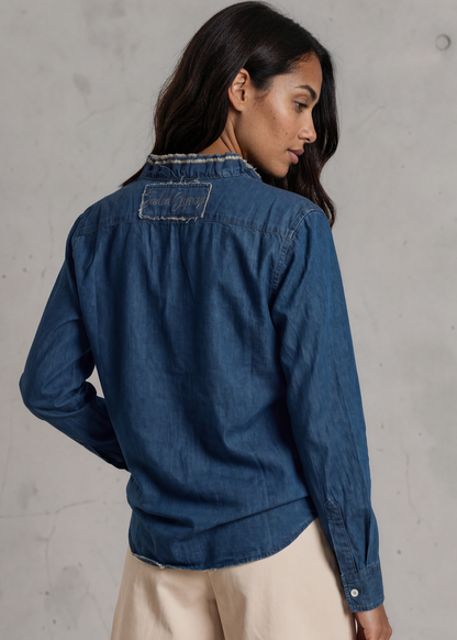 Cutting Edge Button Down Lace Detail Denim Top
