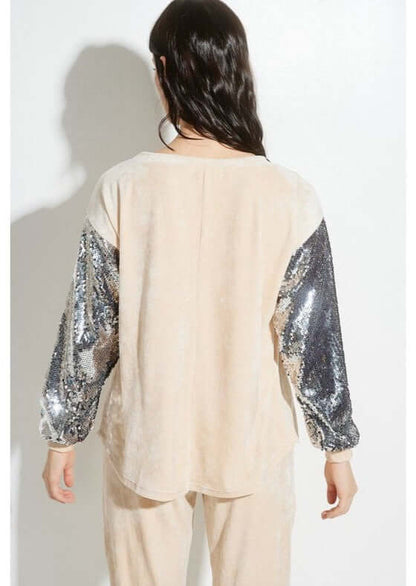 Champagne Glam Velvet Track Suit with Sequins Sleeves - Clearance Final Sale