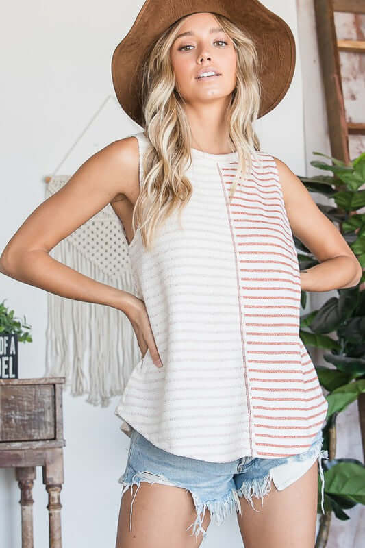 Sleeveless French Terry Stripes Color Block Top Made in USA