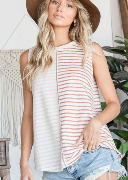 Sleeveless French Terry Stripes Color Block Top Made in USA