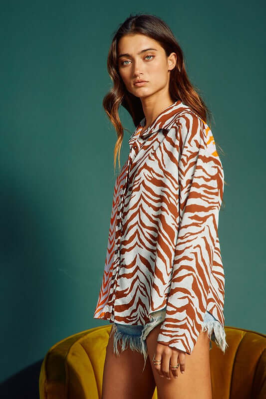 Animal Print Contrast Button Down Top CLEARANCE FINAL SALE