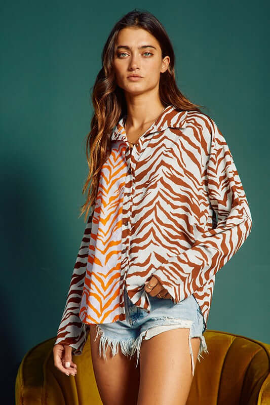Animal Print Contrast Button Down Top CLEARANCE FINAL SALE