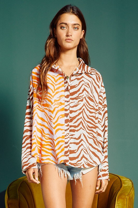 Animal Print Contrast Button Down Top CLEARANCE FINAL SALE