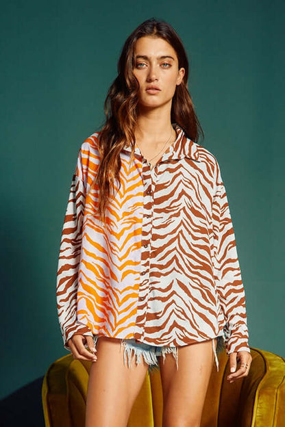 Animal Print Contrast Button Down Top CLEARANCE FINAL SALE