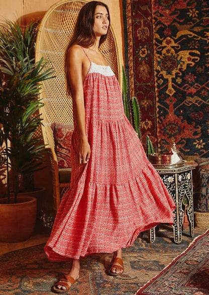 Lace Contrast Tiered Maxi Dress - Clearance Final Sale