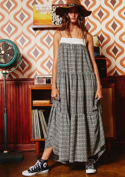 Lace Contrast Tiered Maxi Dress - Clearance Final Sale