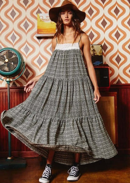 Lace Contrast Tiered Maxi Dress - Clearance Final Sale