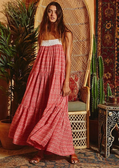 Lace Contrast Tiered Maxi Dress - Clearance Final Sale