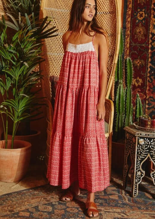 Lace Contrast Tiered Maxi Dress - Clearance Final Sale