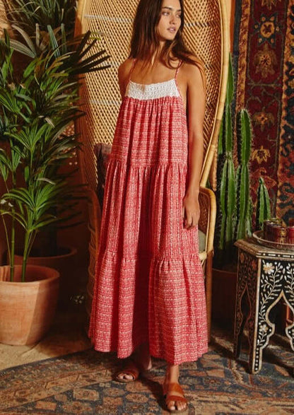 Lace Contrast Tiered Maxi Dress - Clearance Final Sale