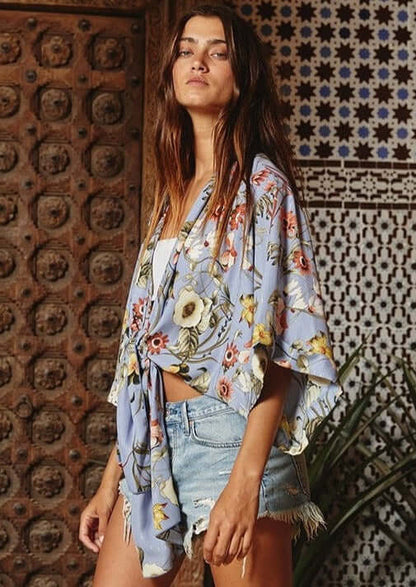 Blue Floral Bohemian Inspired Tie Front Kimono Made in USA