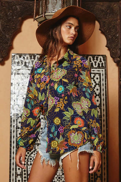 Business as Usual Colorful Ethnic Floral Print Button Down Blouse Made in USA