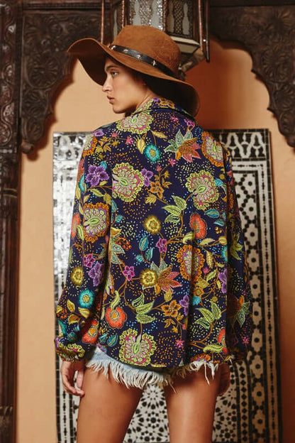 Business as Usual Colorful Ethnic Floral Print Button Down Blouse Made in USA