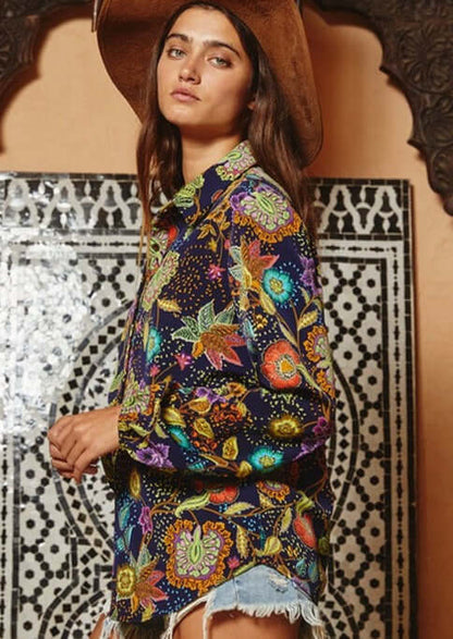 Business as Usual Colorful Ethnic Floral Print Button Down Blouse Made in USA