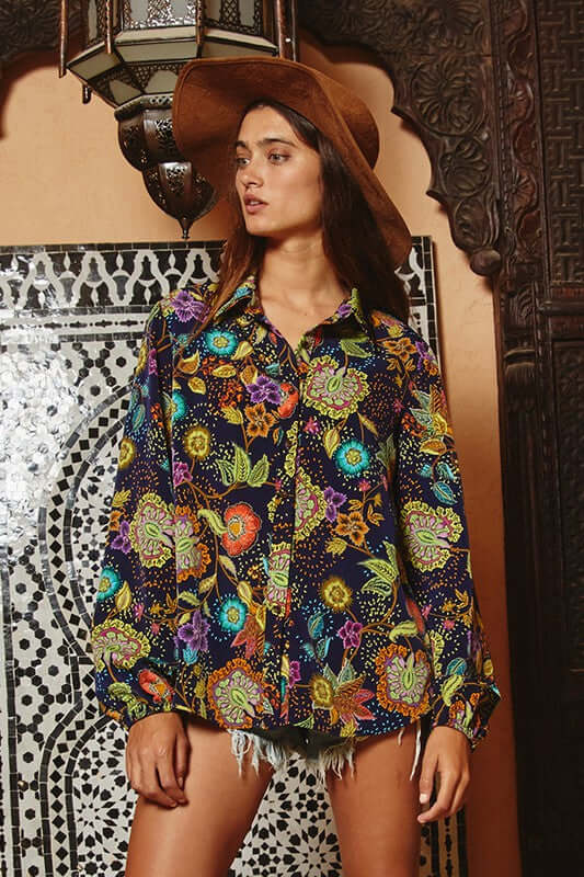 Business as Usual Colorful Ethnic Floral Print Button Down Blouse Made in USA