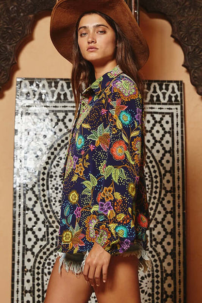 Business as Usual Colorful Ethnic Floral Print Button Down Blouse Made in USA