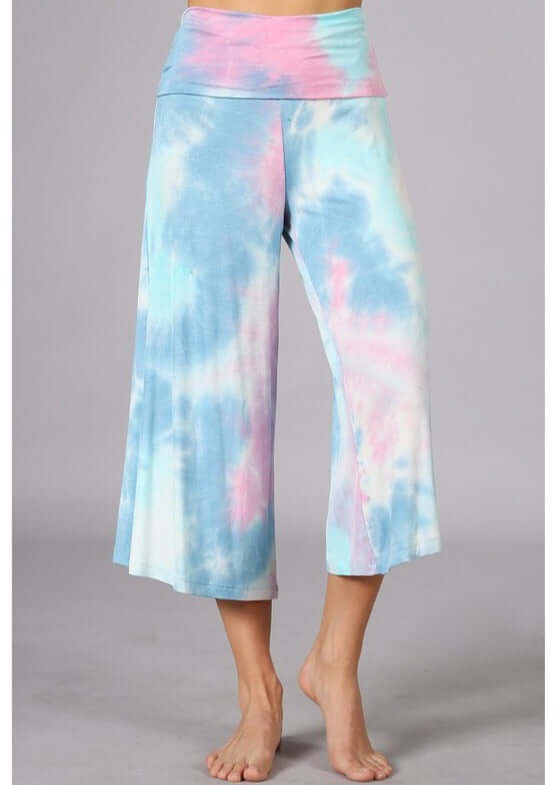 Summer Comfort Tie Dye Fold Over Waist Gaucho Pants CLEARANCE FINAL SALE