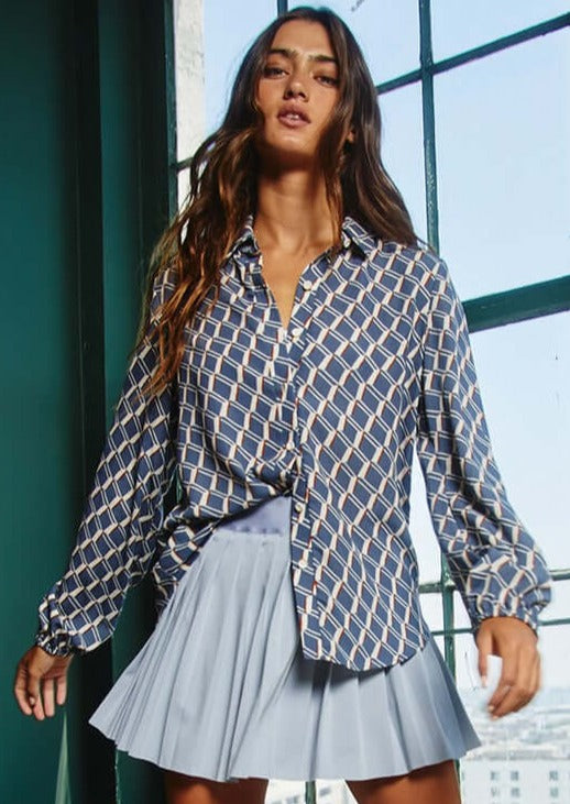 Business as Usual French Blue Retro Design Blouse CLEARANCE FINAL SALE