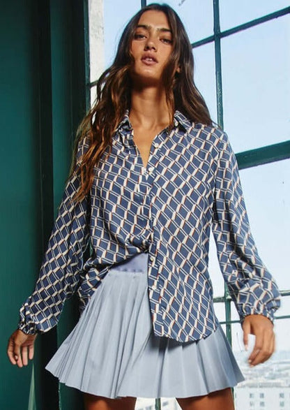 Business as Usual French Blue Retro Design Blouse CLEARANCE FINAL SALE