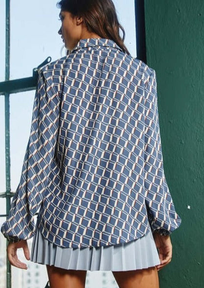 Business as Usual French Blue Retro Design Blouse CLEARANCE FINAL SALE