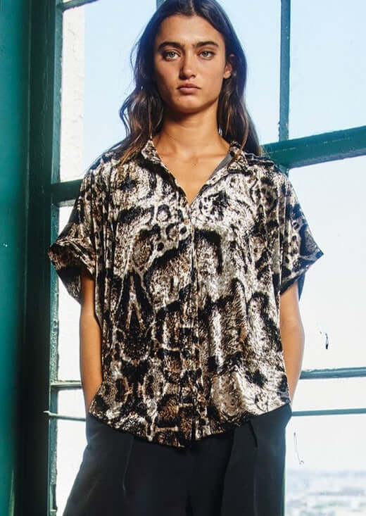Leopard Velvet High Low Button Up Top Made in USA -  CLEARANCE FINAL SALE