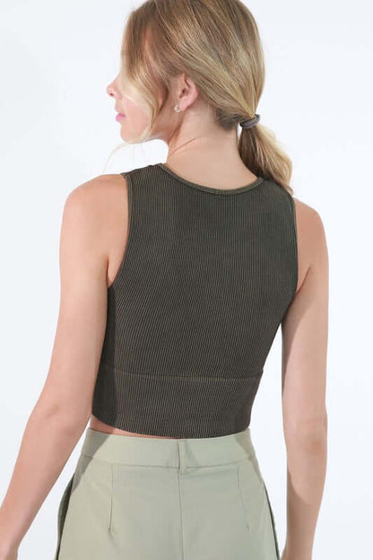 Sweet Peach Plunge Neck Ribbed Cropped Top Made in USA