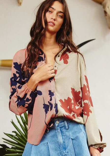 Business As Usual Contrast Color Block Floral Blouse