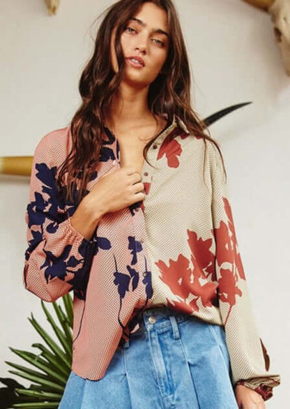 Business As Usual Contrast Color Block Floral Blouse