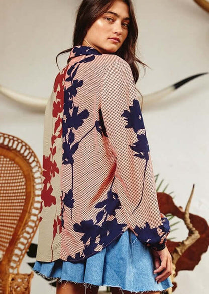 Business As Usual Contrast Color Block Floral Blouse