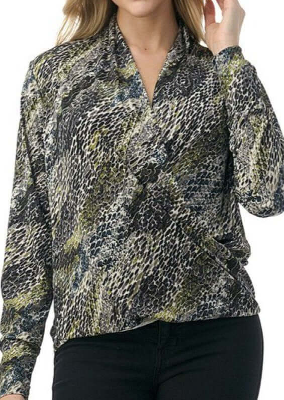 Olive Snake Print Fashion Surplice Top CLEARANCE FINAL SALE
