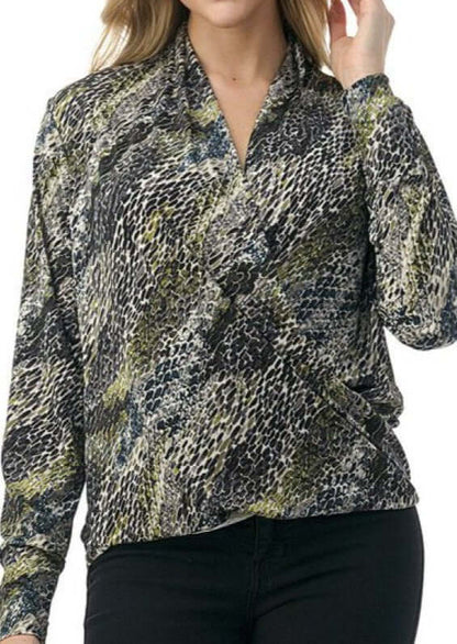 Olive Snake Print Fashion Surplice Top CLEARANCE FINAL SALE