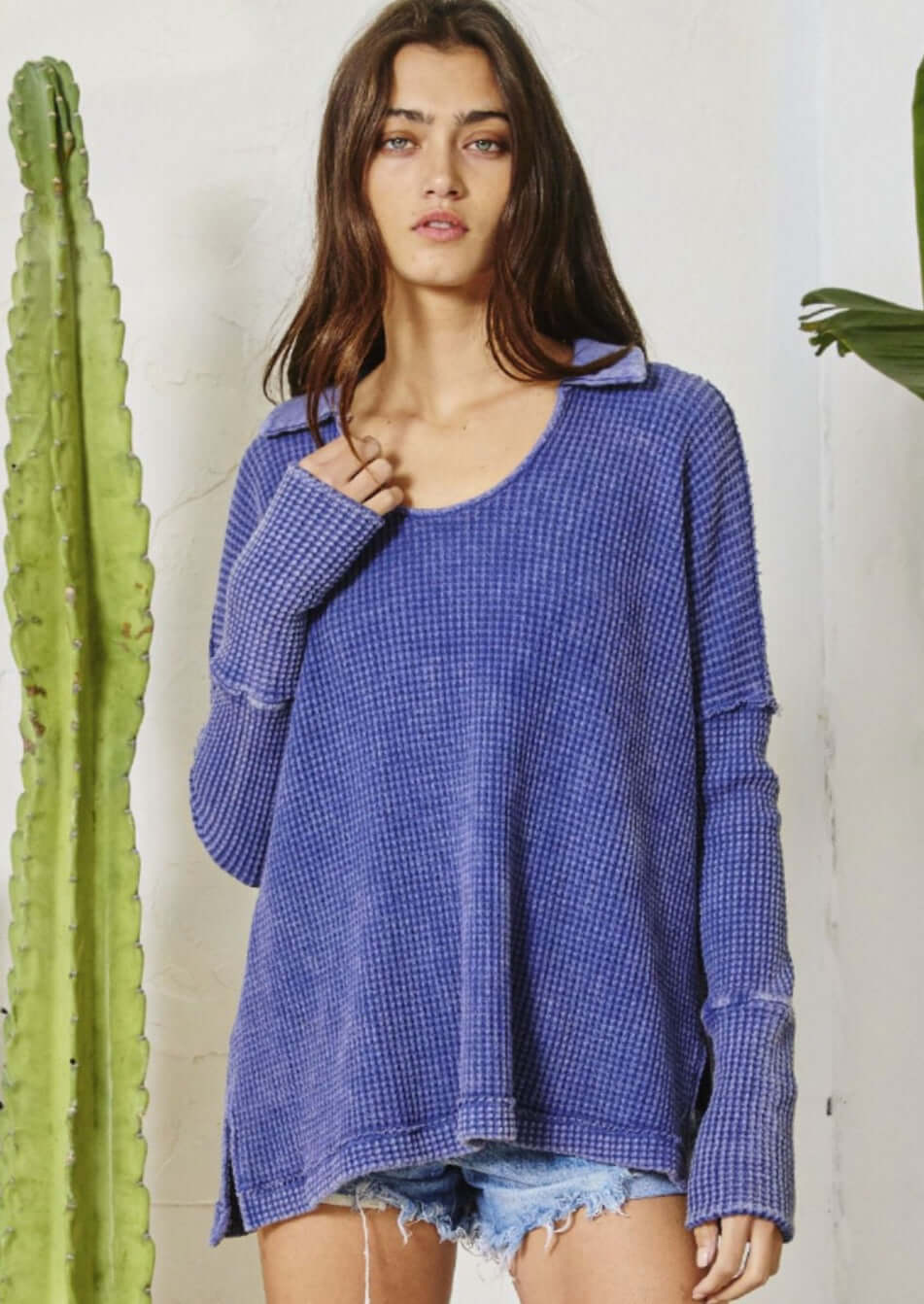 Split Collar Cotton Waffle Knit Top Made in USA