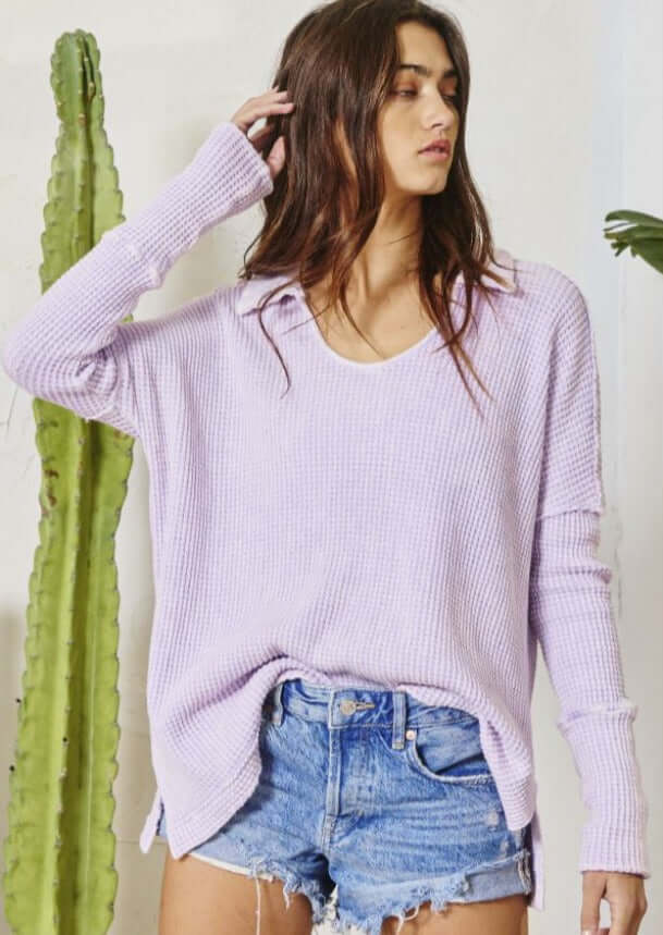 Split Collar Cotton Waffle Knit Top Made in USA