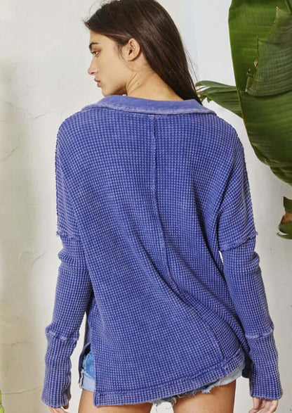 Split Collar Cotton Waffle Knit Top Made in USA