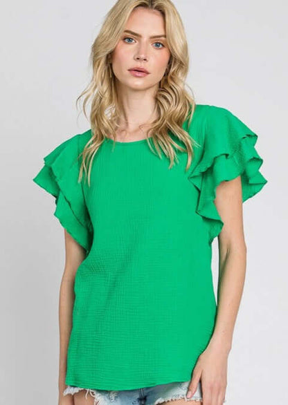 Dolled Up Double Ruffled Sleeve Top Made in USA
