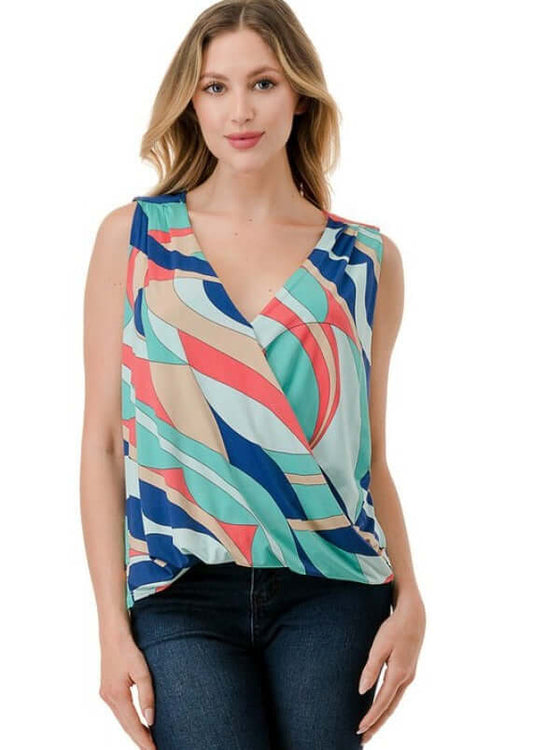 Abstract Colorful Printed Surplice Top CLEARANCE FINAL SALE