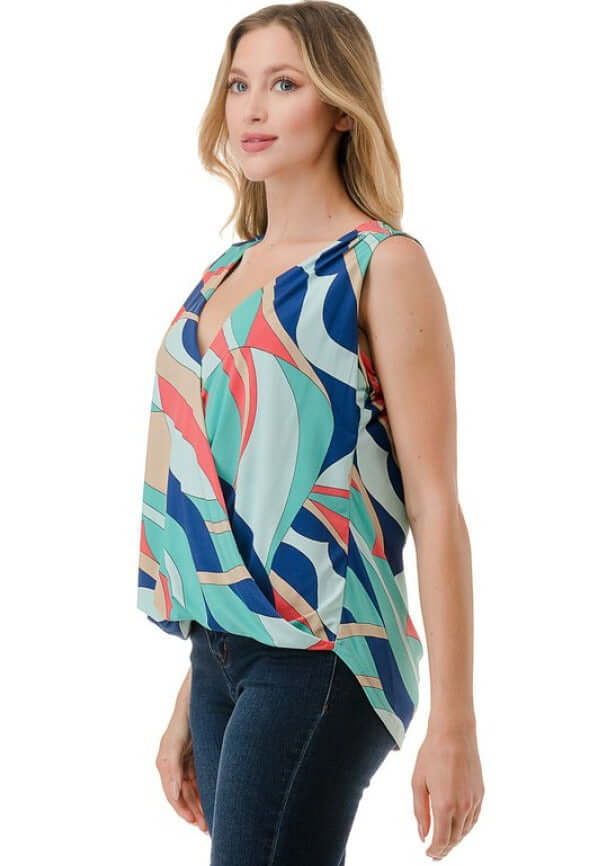 Abstract Colorful Printed Surplice Top CLEARANCE FINAL SALE