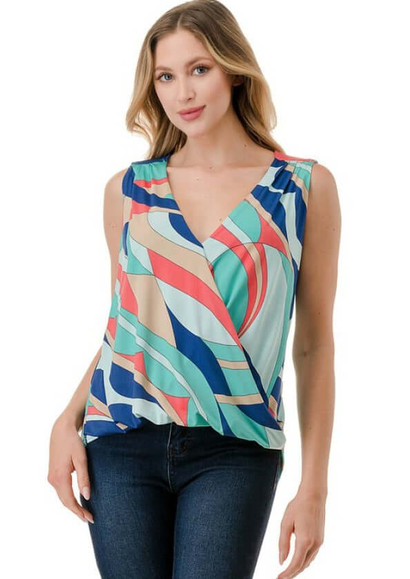 Abstract Colorful Printed Surplice Top CLEARANCE FINAL SALE